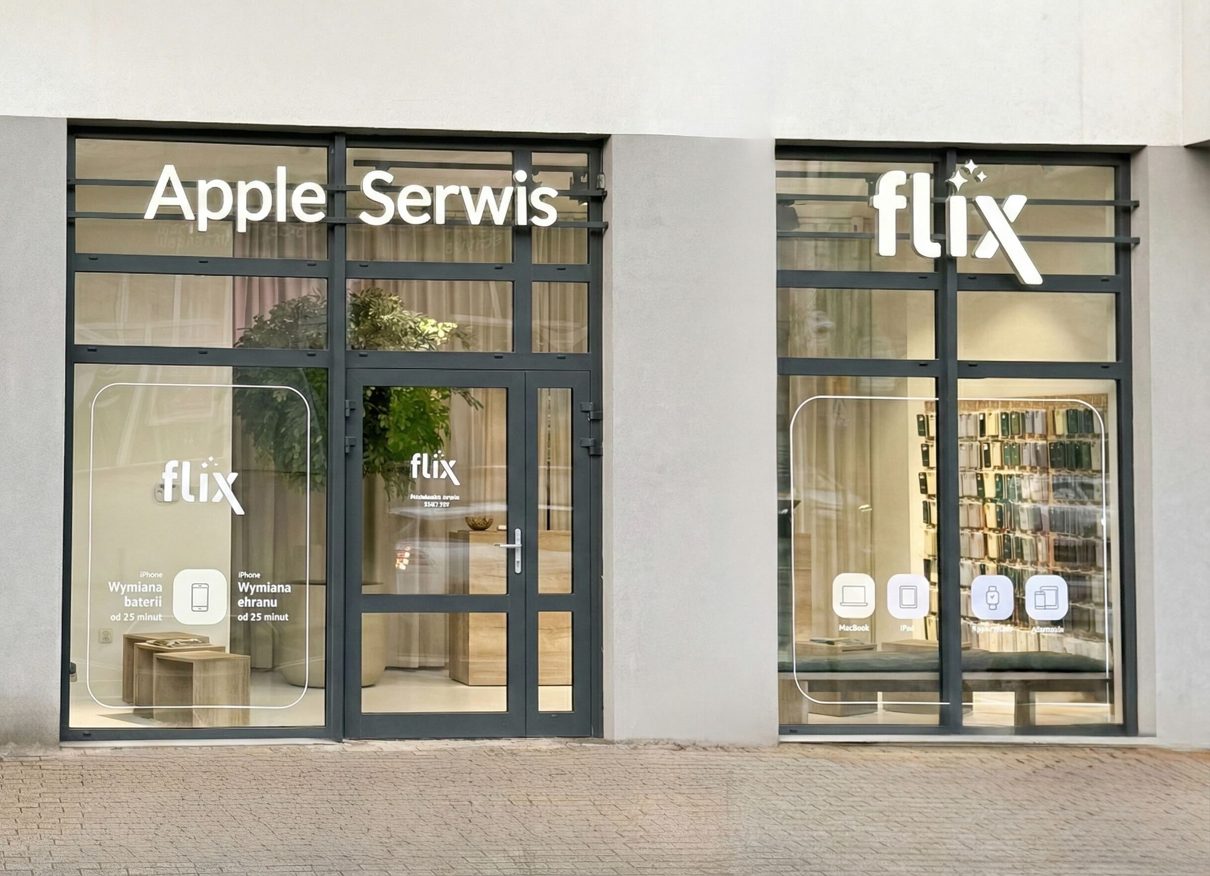 Wejście do salonu serwisowego Apple Flix z informacjami o naprawie iPhone i MacBook