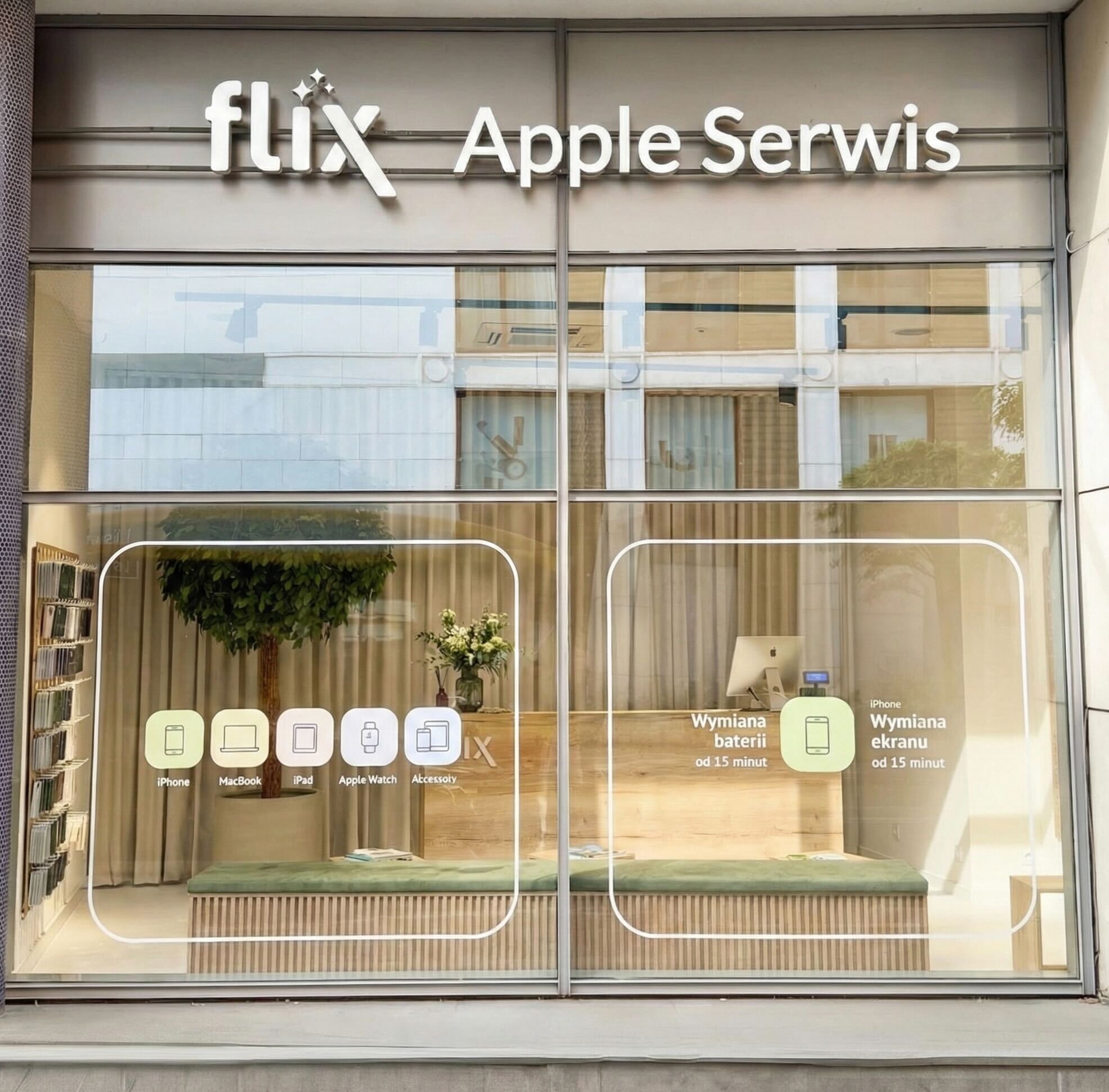 Salon Flix z ikonami usług serwisowych Apple na witrynie